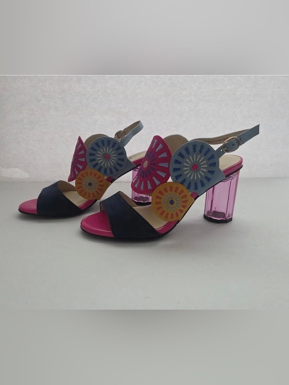 Azura Embroidery Slingback Sandal Navy Multicolor Clear Heel EU 37/US 6.5 NWOB